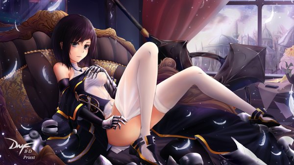 Anime picture 2880x1620 with dungeon and fighter female priest (dungeon and fighter) b.d (472858314) single looking at viewer blush fringe highres short hair light erotic black hair wide image bare shoulders signed full body bent knee (knees) indoors grey eyes copyright name hand on chest