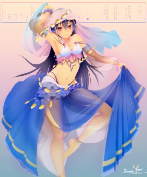 Anime picture 1666x2000 with love live! school idol project sunrise (studio) love live! sonoda umi furisode (pixilvina) single long hair tall image looking at viewer blush breasts light erotic brown eyes blue hair traditional clothes dancing girl navel arabian clothes