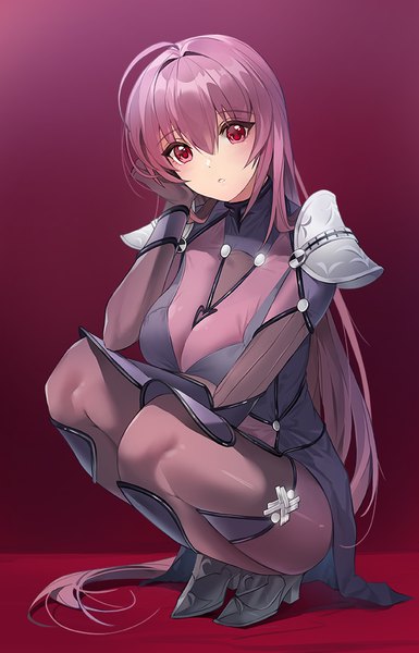 Anime picture 642x1000 with fate (series) fate/grand order scathach (fate) (all) scathach (fate) damda single long hair tall image looking at viewer blush fringe breasts light erotic simple background hair between eyes red eyes large breasts payot purple hair full body