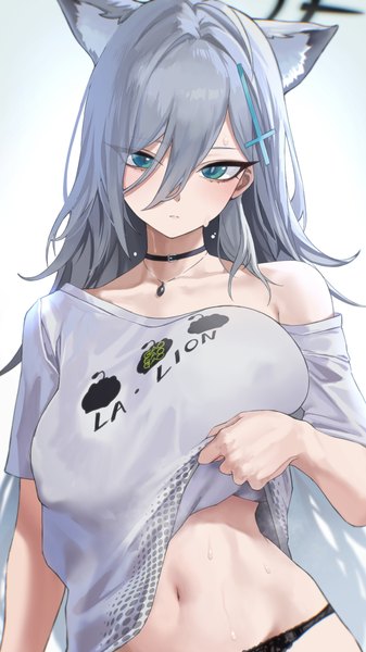 Anime picture 1428x2539 with blue archive virtual youtuber hololive shiroko (blue archive) shishiro botan shiroko terror (blue archive) shishiro botan (4th costume) kazane-wind single long hair tall image looking at viewer blush fringe breasts blue eyes light erotic large breasts bare shoulders animal ears
