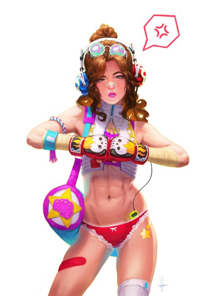 Anime picture 848x1200 with panty warriors (poibuts) poibuts single long hair tall image light erotic simple background brown hair standing white background brown eyes signed payot hair bun (hair buns) lipstick eyebrows muscle sunglasses on head pink lipstick abs