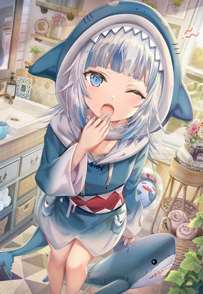 Anime picture 1200x1738 with virtual youtuber hololive hololive english gawr gura gawr gura (1st costume) bloop (gawr gura) torino aqua single long hair tall image looking at viewer blush fringe open mouth blue eyes standing holding silver hair indoors blunt bangs