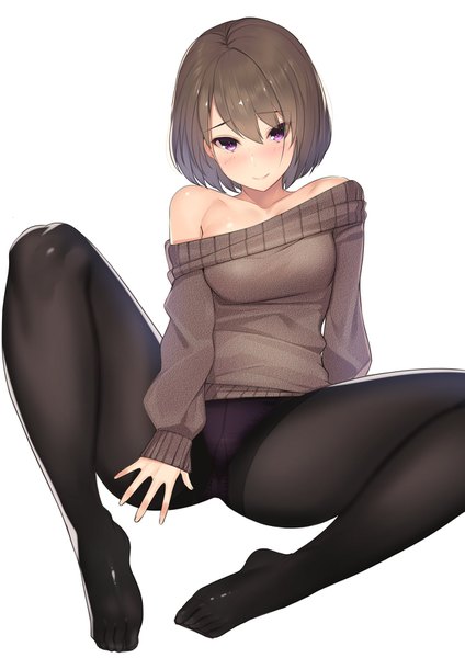 Anime picture 1251x1770 with original kagematsuri single tall image looking at viewer blush fringe short hair breasts light erotic simple background smile hair between eyes brown hair white background sitting purple eyes bare shoulders full body bent knee (knees)