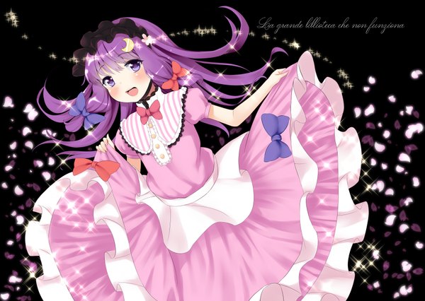 Anime picture 1761x1252 with touhou patchouli knowledge pokachu single long hair blush highres open mouth purple eyes purple hair sparkle girl dress bow hair bow petals headdress moon (symbol)