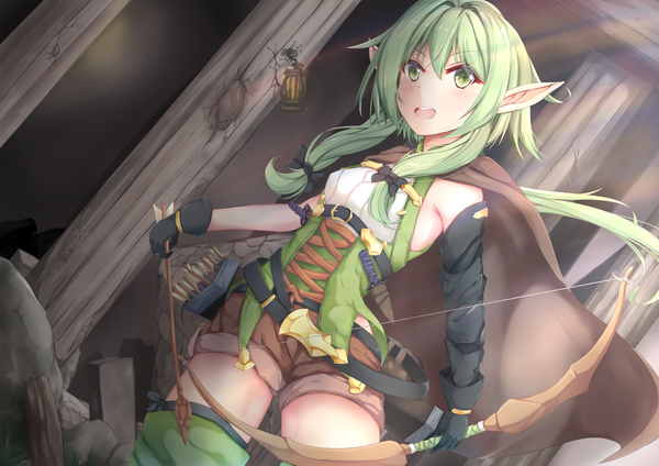 Anime picture 1637x1158 with goblin slayer! high elf archer (goblin slayer!) mia (kuja999) single long hair looking at viewer blush fringe breasts open mouth hair between eyes standing holding green eyes payot green hair wind pointy ears sunlight dutch angle