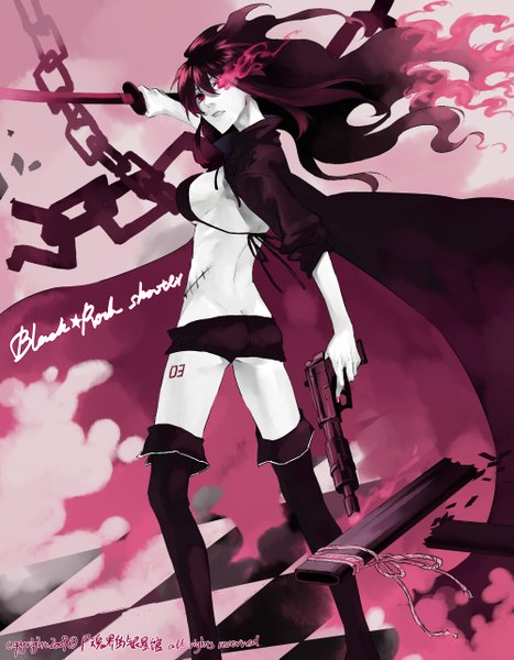 Anime picture 2000x2569 with black rock shooter vocaloid megurine luka black rock shooter (character) psd (pixiv) long hair tall image highres light erotic black hair pink eyes looking back wind glowing scar glowing eye (eyes) checkered floor girl sword shorts