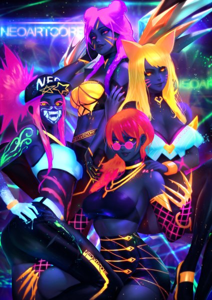 Anime picture 900x1273 with league of legends k/da (league of legends) ahri (league of legends) akali (league of legends) evelynn (league of legends) k/da akali k/da ahri k/da evelynn kai'sa k/da kai'sa nudtawut thongmai long hair tall image looking at viewer blush fringe breasts light erotic blonde hair smile