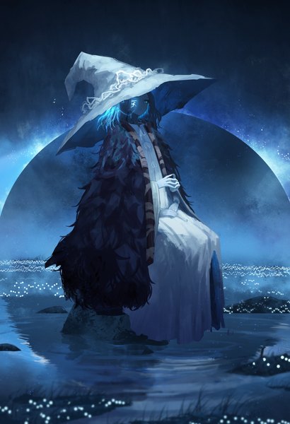 Anime picture 3286x4805 with elden ring ranni the witch asteroid ill single tall image looking at viewer highres short hair blue eyes sitting blue hair absurdres full body one eye closed clothes on shoulders fingers together blue skin extra arms girl dress