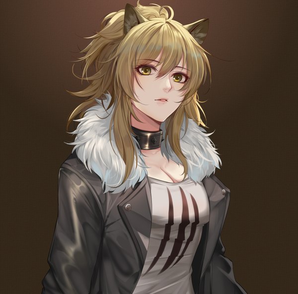 Anime picture 3368x3324 with arknights siege (arknights) lan yu single long hair looking at viewer blush fringe highres breasts simple background blonde hair hair between eyes animal ears yellow eyes absurdres cleavage upper body ahoge parted lips