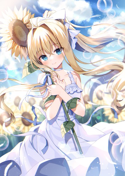 Anime picture 1000x1412 with air key (studio) kamio misuzu mauve single long hair tall image looking at viewer blush blue eyes blonde hair smile payot sky cloud (clouds) ponytail head tilt sunlight girl dress