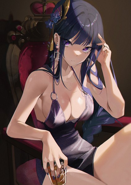 Anime picture 1500x2122 with genshin impact raiden shogun buri (retty9349) single long hair tall image looking at viewer fringe breasts light erotic large breasts sitting purple eyes bare shoulders holding cleavage purple hair blunt bangs nail polish arm up