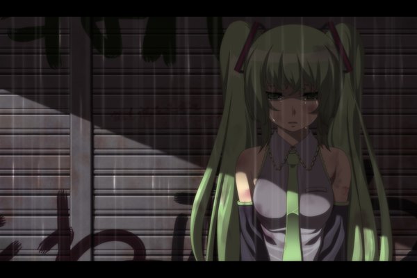 Аниме картинка 1600x1067 с вокалоид хацунэ мику terumii длинные волосы два хвостика зелёные волосы тёмный фон letterboxed дождь плач девушка