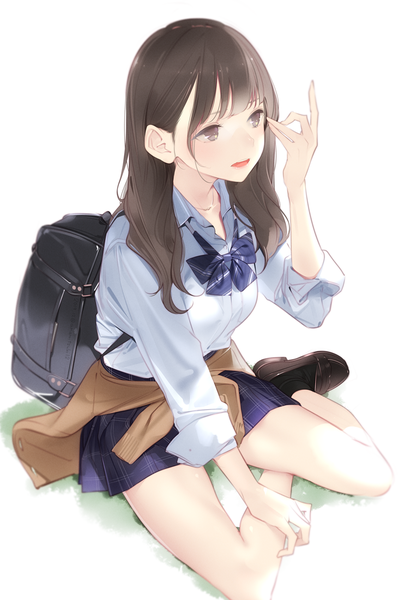 Anime picture 741x1100 with original ama mitsuki single long hair tall image blush fringe breasts open mouth simple background brown hair white background sitting brown eyes looking away full body bent knee (knees) :d pleated skirt arm up