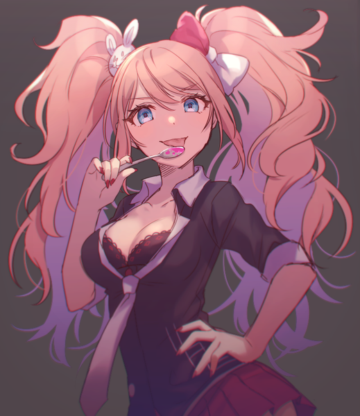 Anime picture 700x809 with dangan ronpa enoshima junko tomari (veryberry00) single long hair tall image looking at viewer fringe blue eyes light erotic simple background hair between eyes twintails holding payot pink hair long sleeves nail polish pleated skirt grey background