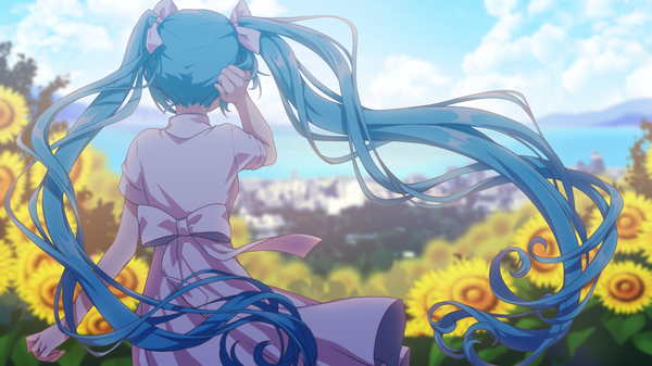 Anime picture 1920x1080 with vocaloid hatsune miku matsuda toki single long hair blush highres wide image standing twintails sky cloud (clouds) outdoors wind from behind blurry aqua hair shadow short sleeves wallpaper