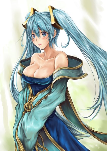 Anime picture 1240x1754 with league of legends sona buvelle lancer0519 single long hair tall image blush breasts blue eyes light erotic large breasts twintails bare shoulders blue hair girl dress tongue