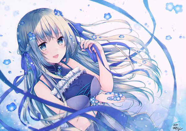 Anime picture 1000x706 with original azu torako single long hair looking at viewer blush fringe breasts open mouth blue eyes simple background smile large breasts bare shoulders holding signed payot blue hair upper body braid (braids)