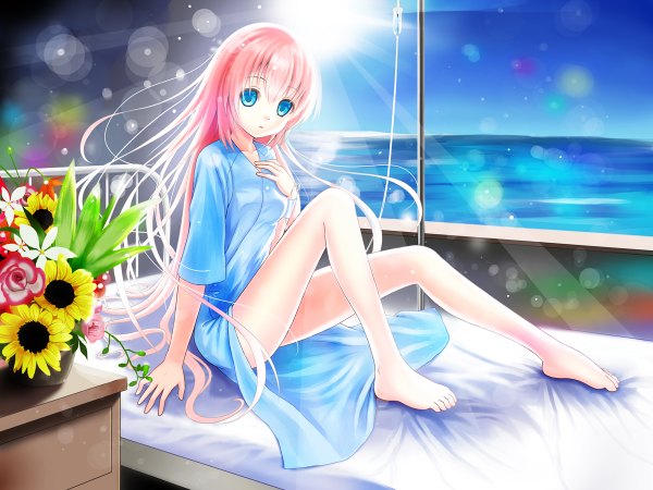 Anime picture 1200x900 with vocaloid megurine luka setona (daice) single long hair blue eyes pink hair sky barefoot bare legs legs girl flower (flowers) shirt sea bed sun
