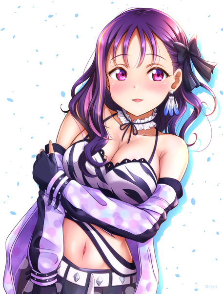 Anime picture 1525x2000 with love live! sunshine!! sunrise (studio) love live! kazuno sarah ckst single long hair tall image looking at viewer blush fringe breasts open mouth light erotic simple background smile large breasts standing white background purple eyes