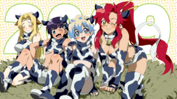 Anime picture 1024x576 with tengen toppa gurren lagann gainax yoko littner nia teppelin kiyal tsuuma long hair blush short hair breasts light erotic blonde hair smile wide image sitting multiple girls animal ears purple hair ponytail red hair