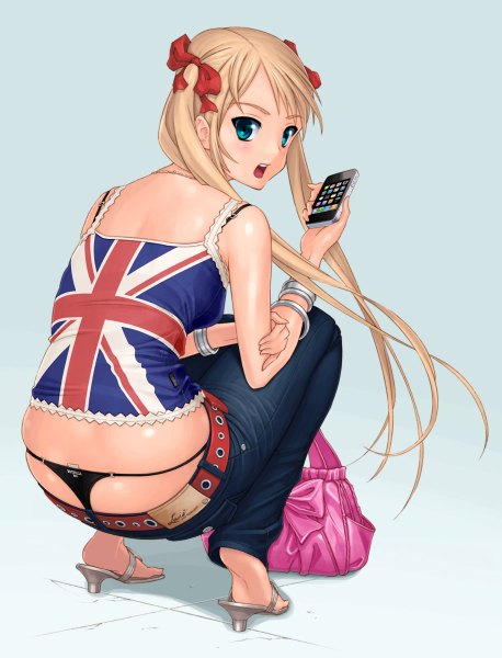 Anime-Bild 915x1200 mit original red-p long hair tall image looking at viewer fringe open mouth light erotic blonde hair twintails holding green eyes flag print girl underwear panties bow hair bow bracelet belt