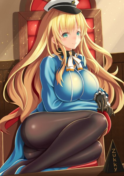 Anime picture 1000x1413 with kantai collection atago heavy cruiser zukky single long hair tall image looking at viewer blush breasts light erotic blonde hair smile large breasts green eyes pantyshot pantyshot sitting girl dress gloves underwear