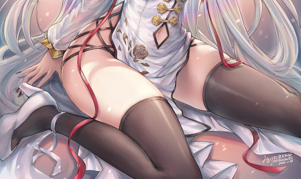 Anime picture 1500x891 with original mirukurim single light erotic wide image sitting signed silver hair bent knee (knees) very long hair nail polish traditional clothes fingernails arm support high heels legs twitter username thighs dated wariza