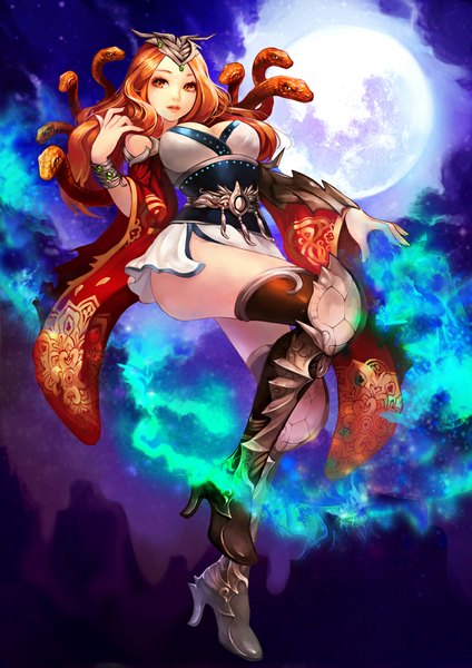 Anime picture 800x1132 with zzoggomini long hair tall image looking at viewer breasts large breasts bare shoulders long sleeves orange hair wide sleeves orange eyes high heels magic mountain girl hair ornament animal boots armor moon