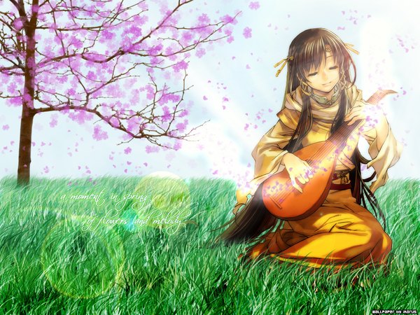 Anime picture 1024x768 with mabinogi ikorus single long hair smile brown hair sitting signed full body outdoors eyes closed inscription wallpaper third-party edit playing instrument girl plant (plants) petals tree (trees) grass