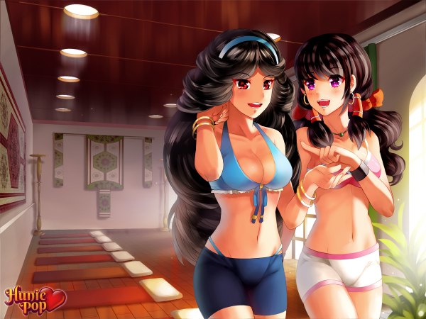 Anime picture 2400x1800 with hunie pop kyanna delrio beli lapran kaskia long hair blush highres open mouth light erotic black hair smile red eyes multiple girls pink eyes sunlight inscription bare belly midriff copyright name adjusting hair