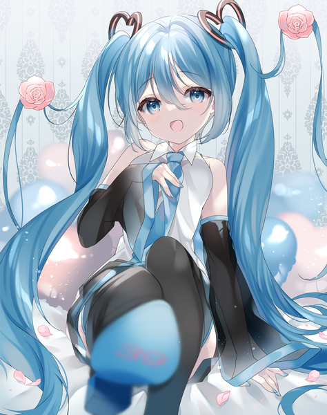 Anime picture 1500x1897 with vocaloid hatsune miku yuni (irohasuiroiro) single tall image looking at viewer fringe open mouth blue eyes hair between eyes sitting twintails blue hair very long hair nail polish :d hand on chest soles 39 girl