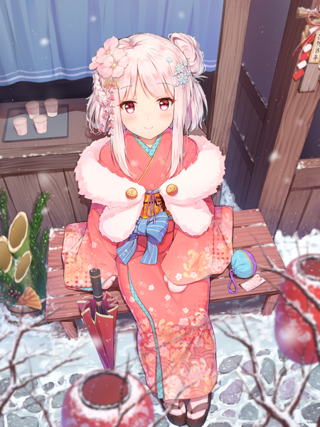 Anime picture 1447x1930 with original shenhai (2556146833) single tall image looking at viewer blush fringe short hair smile red eyes sitting holding payot pink hair full body outdoors traditional clothes japanese clothes hair flower from above