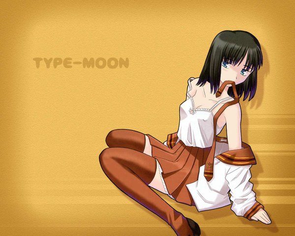 Anime picture 1280x1024 with kara no kyoukai type-moon ryougi shiki single looking at viewer short hair breasts blue eyes light erotic sitting holding cleavage full body pleated skirt mouth hold undressing strap slip girl skirt necktie