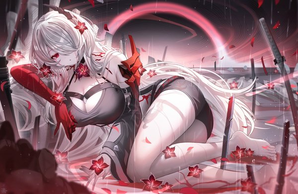 Anime picture 4472x2912 with honkai: star rail honkai (series) acheron (honkai: star rail) tansuan (ensj3875) single long hair looking at viewer fringe highres breasts open mouth light erotic red eyes large breasts absurdres cleavage bent knee (knees) white hair barefoot hair over one eye