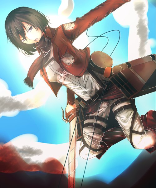 Anime picture 1565x1879 with shingeki no kyojin production i.g mikasa ackerman shiyou (leaf123) single tall image short hair black hair brown eyes cloud (clouds) open clothes open jacket girl weapon sword belt scarf thigh strap