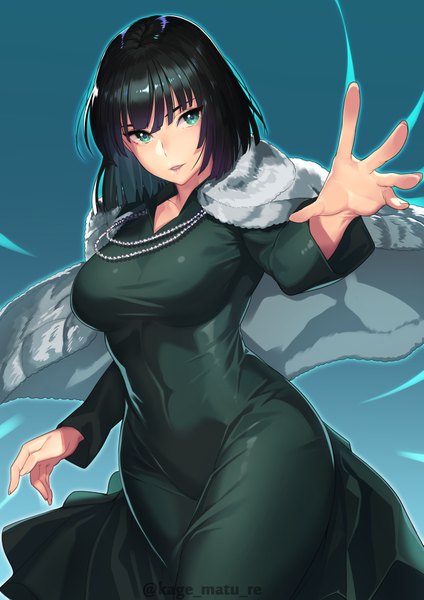 Anime picture 1447x2046 with one-punch man madhouse fubuki (one-punch man) kagematsuri single tall image looking at viewer fringe short hair breasts light erotic black hair simple background smile hair between eyes standing green eyes signed parted lips fur trim