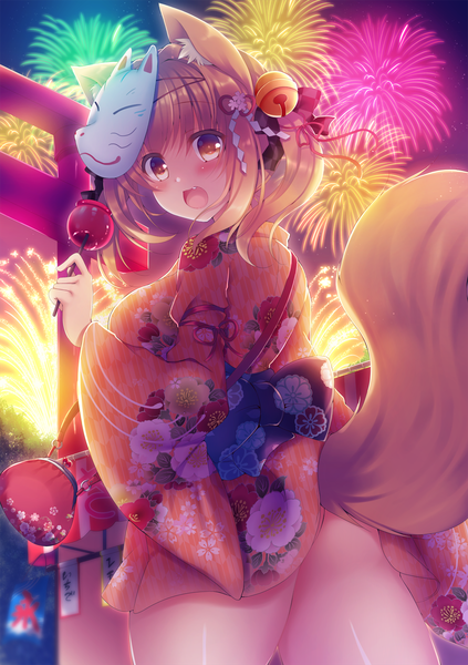 Anime picture 1214x1720 with original suzunone rena single tall image looking at viewer blush fringe short hair open mouth light erotic blonde hair hair between eyes brown eyes ass tail traditional clothes :d japanese clothes animal tail fox tail