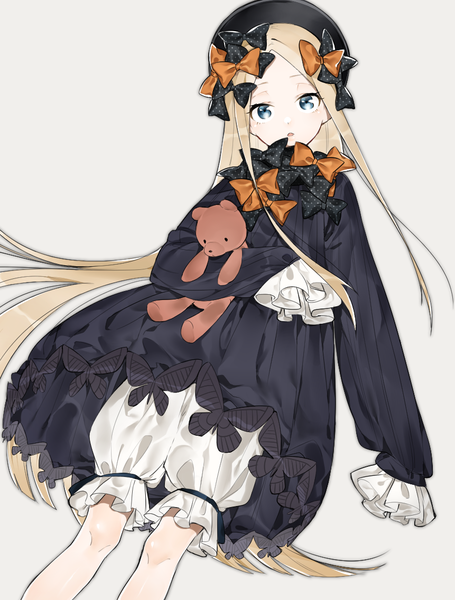 Anime picture 861x1136 with fate (series) fate/grand order abigail williams (fate) sino42 single tall image looking at viewer blue eyes simple background blonde hair long sleeves very long hair girl dress bow hair bow hat black dress toy stuffed animal