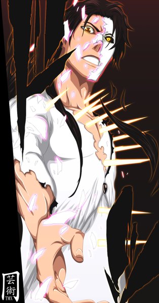 Anime picture 1000x1909 with bleach studio pierrot aizen sousuke themnaxs single tall image brown eyes yellow eyes heterochromia torn clothes coloring magic black background muscle boy mask debris