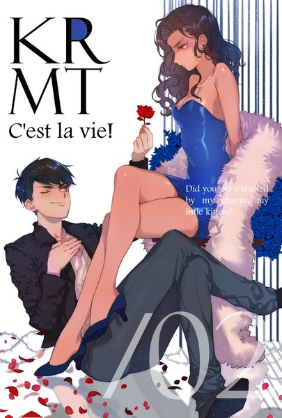 Anime picture 1228x1819 with osomatsu-san matsuno karamatsu karako (osomatsu-san) zuizi long hair tall image short hair black hair smile brown hair sitting bare shoulders full body profile one eye closed arm support high heels couple crossed legs text