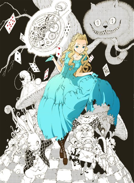 Anime picture 1881x2573 with alice in wonderland white rabbit cheshire cat mad hatter caterpillar (wonderland) karasuma tasuku (artist) long hair tall image highres blonde hair smile monochrome checkered floor floor lace-up boots dress clock card (cards) mushroom (mushrooms) letter