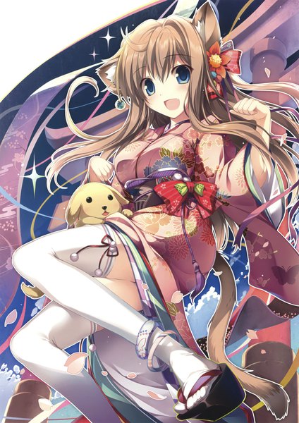 Anime picture 2122x3000 with original eshi 100-nin ten karory single long hair tall image looking at viewer fringe highres breasts open mouth blue eyes hair between eyes brown hair animal ears sky cloud (clouds) traditional clothes japanese clothes hair flower