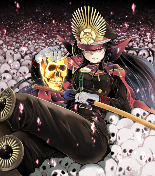 Anime picture 1554x1754 with fate (series) koha-ace oda nobunaga (fate) (all) oda nobunaga (fate) oku hideki single long hair tall image looking at viewer fringe black hair smile red eyes crossed legs reclining sheathed girl gloves uniform weapon