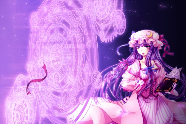 Anime picture 2668x1790 with touhou patchouli knowledge geike long hair highres purple eyes purple hair braid (braids) twin braids girl dress ribbon (ribbons) hat book (books)
