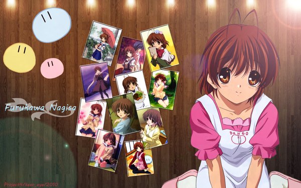 Anime picture 1920x1200 with clannad key (studio) furukawa nagisa highres short hair brown hair wide image brown eyes ahoge girl photo (object) dango daikazoku