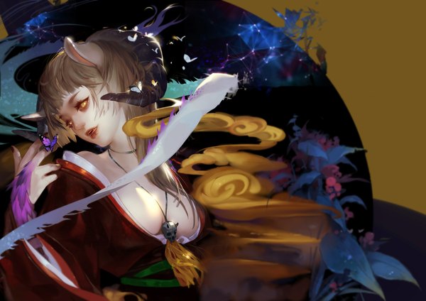 Anime-Bild 2121x1500 mit original luman single long hair looking at viewer highres breasts open mouth light erotic brown hair large breasts bare shoulders yellow eyes cleavage nail polish traditional clothes japanese clothes horn (horns) light smile teeth