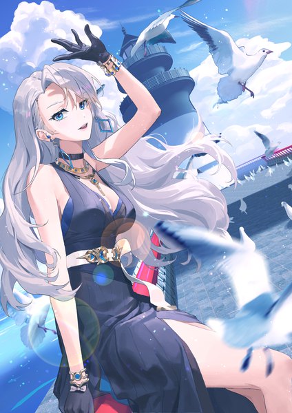 Anime picture 2480x3508 with virtual youtuber a-soul eileen (a-soul) ttk (kirinottk) single long hair tall image looking at viewer fringe highres breasts open mouth blue eyes smile hair between eyes sitting sky silver hair cloud (clouds) outdoors