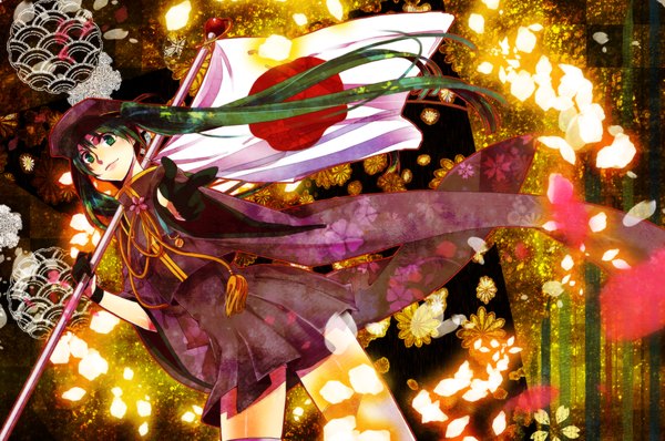 Anime picture 2134x1418 with vocaloid senbonzakura (vocaloid) hatsune miku noah 0628 single long hair highres twintails green eyes green hair girl gloves petals flag japanese flag