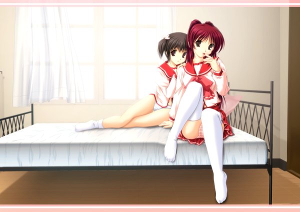 Anime picture 3200x2266 with to heart 2 leaf (studio) kousaka tamaki yuzuhara konomi highres light erotic multiple girls pantyshot sitting girl thighhighs uniform underwear panties 2 girls school uniform bed striped panties