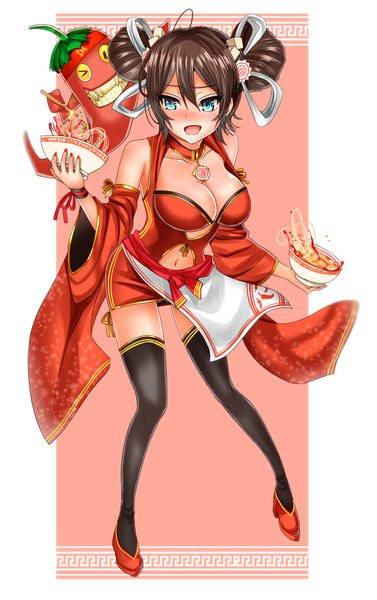 Anime picture 640x1017 with inu (marukome) single tall image blush fringe short hair breasts blue eyes light erotic simple background smile brown hair large breasts traditional clothes chinese clothes girl thighhighs black thighhighs food chinese dress